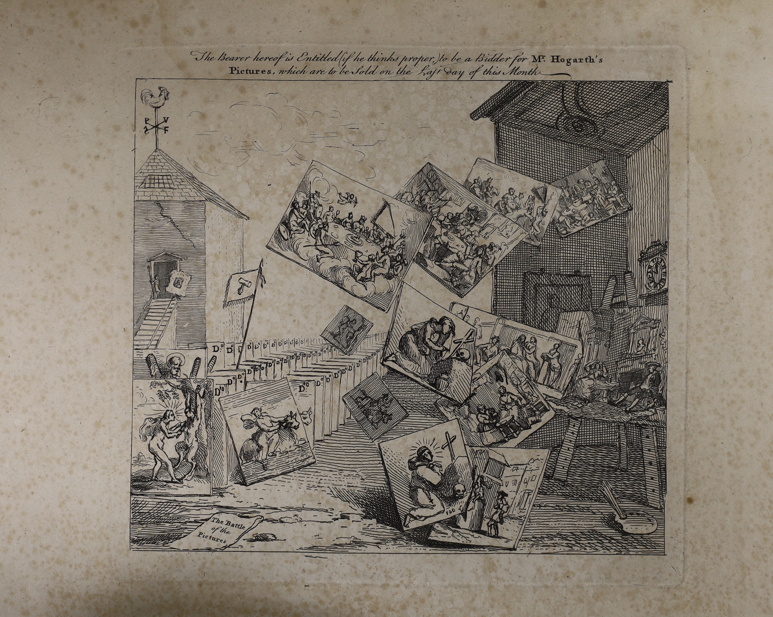 After William Hogarth (1697-1764), satirical etching, 'The Battle of the Pictures', unframed, together with a monochrome watercolour, signed W. Hogarth, largest 29 x 36cm, unframed